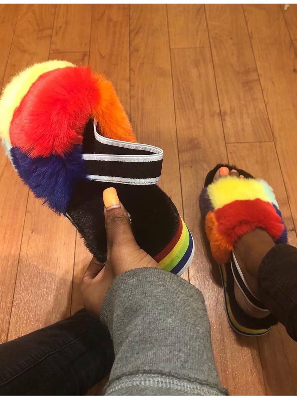 Womens Rainbow Faux Fur Slide Sandals - Multicolor